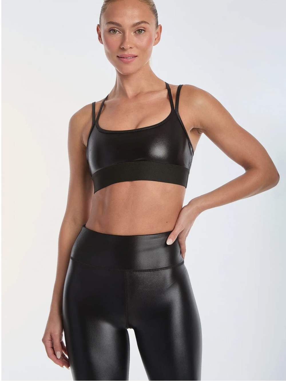 Noli Black Faux-Leather Double-Strap Sports Bra